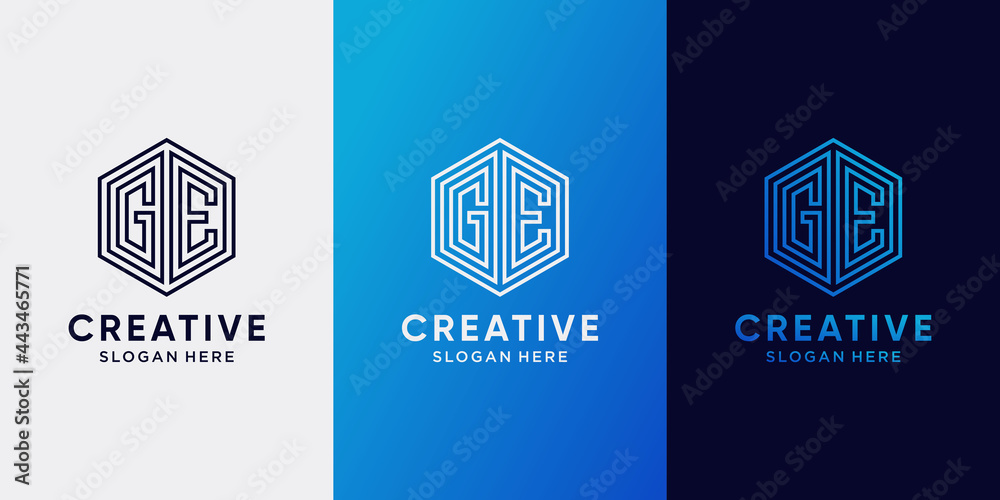 Creative monogram hexagon logo design with initial letter GE and line art style. Logo icon for business company and personal Creative monogram hexagon logo design with initial letter GE and line art style. Logo icon for business company and personal