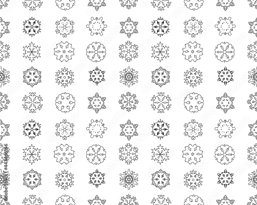 Different black snowflakes on a white background, Seamless  pattern