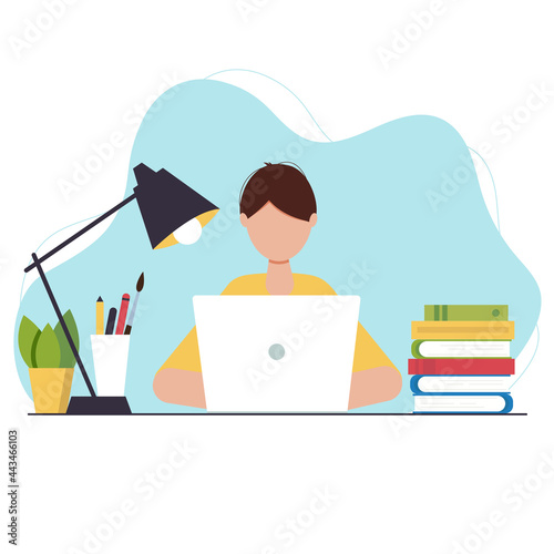 Guy with laptop, studying or working concept. Table with books, lamp, coffee cup. Vector illustration in flat style