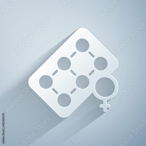 Paper cut Packaging of birth control pills icon isolated on grey background. Contraceptive pill. Paper art style. Vector