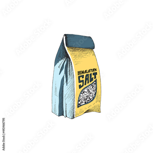 Paper bag of cooking himalayan salt, hand drawn vector illustration isolated.