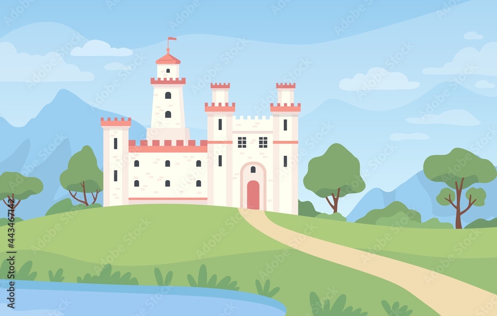 Fototapeta premium Landscape with medieval castle. Cartoon fantasy royal palace with towers. Old kingdom building, green meadow, pond and blue sky vector scene