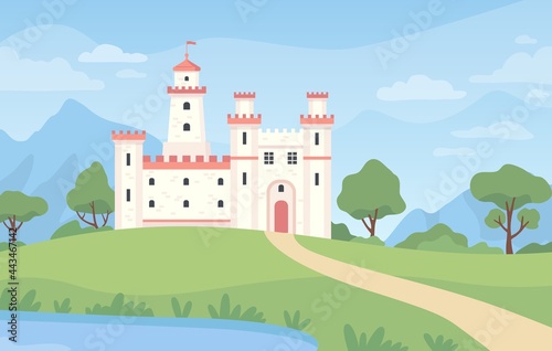 Landscape with medieval castle. Cartoon fantasy royal palace with towers. Old kingdom building, green meadow, pond and blue sky vector scene