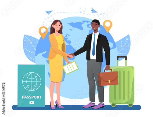 Smiling male and female characters are shaking hands as a greeting for migrant worker