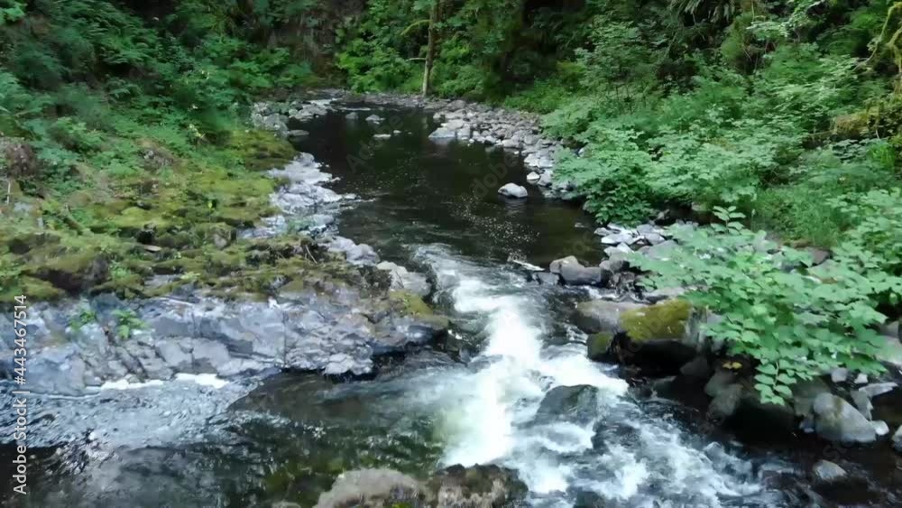 Drone footage flying forward over a woodland mountain stream.  Footage contains a small waterfall, pools and plenty of visible rocks and trees.