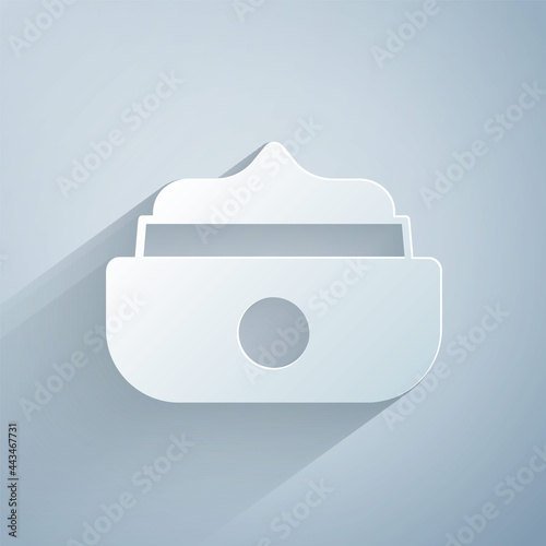 Paper cut Gel or wax for hair styling icon isolated on grey background. Hair cosmetic. Jar with product for styling hair and mustache. Paper art style. Vector
