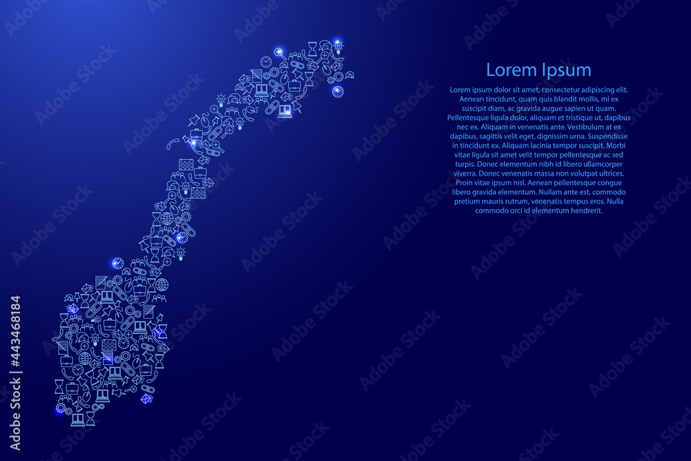 Norway map from blue and glowing stars icons pattern set of SEO analysis concept or development, business. Vector illustration. Norway map from blue and glowing stars icons pattern set of SEO analysis concept or development, business. Vector illustration.