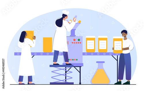 Male and female pharmacists working at huge production line machine