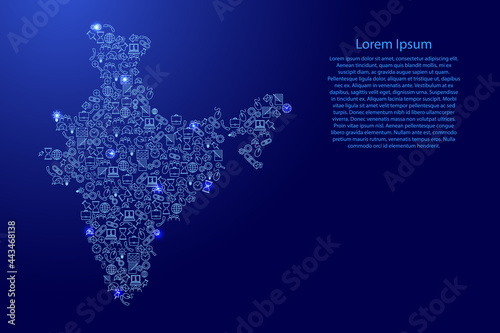 India map from blue and glowing stars icons pattern set of SEO analysis concept or development, business. Vector illustration.