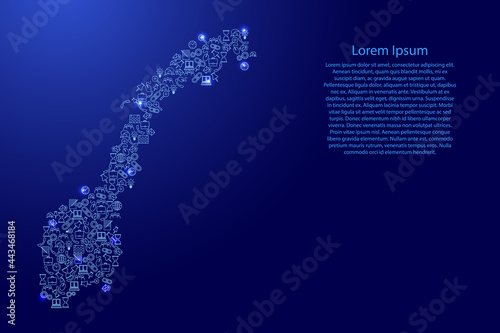 Norway map from blue and glowing stars icons pattern set of SEO analysis concept or development, business. Vector illustration.