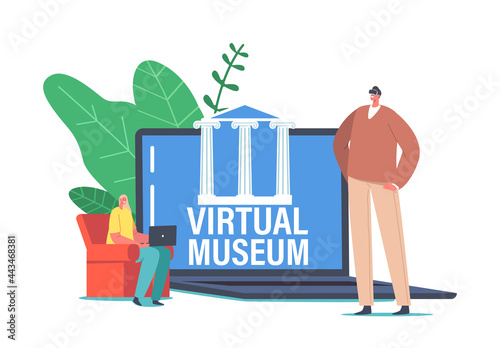 Characters Visit Online Art Gallery Virtual Museum on Laptop Screen. Modern Online Exhibition Tour Internet Technology