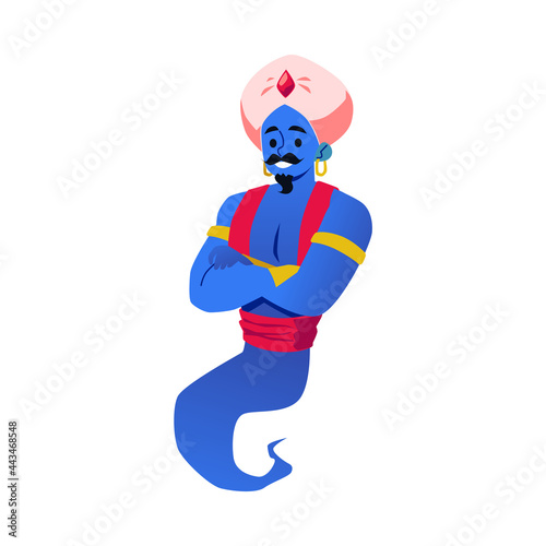 Smiling magical arabic genie wearing turban making miracles and magic.