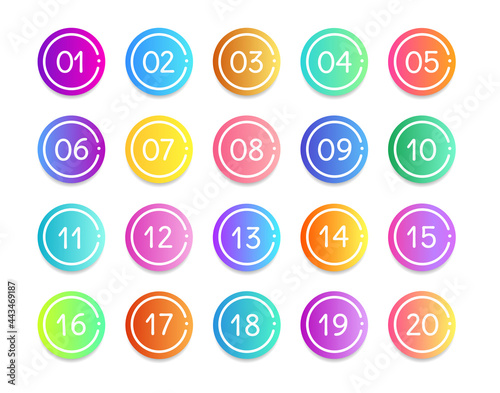Bullet numbers. Infographic buttons and points. Icon with numbers from 1 to 20. 3d pointers for promotion. Colorful gradient markers for badges, tags. Modern logos in map interface. Vector.