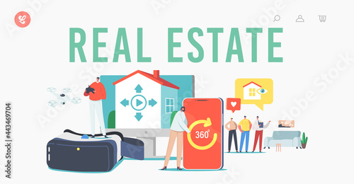 Real Estate Virtual Tour Landing Page Template. Realtor and Clients Distantly Choose Apartment for Buying or Rent