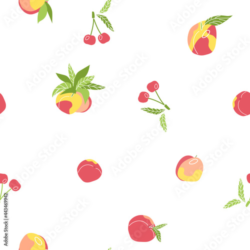 Fototapeta Naklejka Na Ścianę i Meble -  Fresh fruits berries seamless pattern. Vector illustration of isolated cherries, peaches, plums, nectarines with leaves on white background in flat style