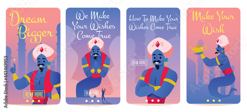 Set banners on wish fulfillment and dream with genie, flat vector illustration.