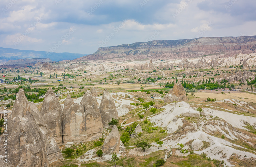 Göreme, Turkey - panorama view of the town of Göreme in Cappadocia, Turkey with fairy chimneys, houses, and unique rock formations seen from sunrise point