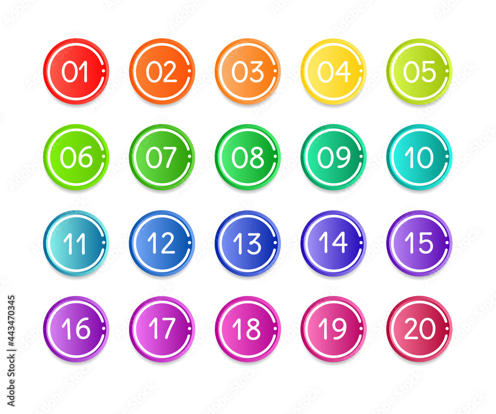 Bullet numbers. Infographic buttons and points. Icon with numbers from 1 to 20. 3d pointers for promotion. Colorful gradient markers for badges, tags. Modern logos in map interface. Vector. Bullet numbers. Infographic buttons and points. Icon with numbers from 1 to 20. 3d pointers for promotion. Colorful gradient markers for badges, tags. Modern logos in map interface. Vector.