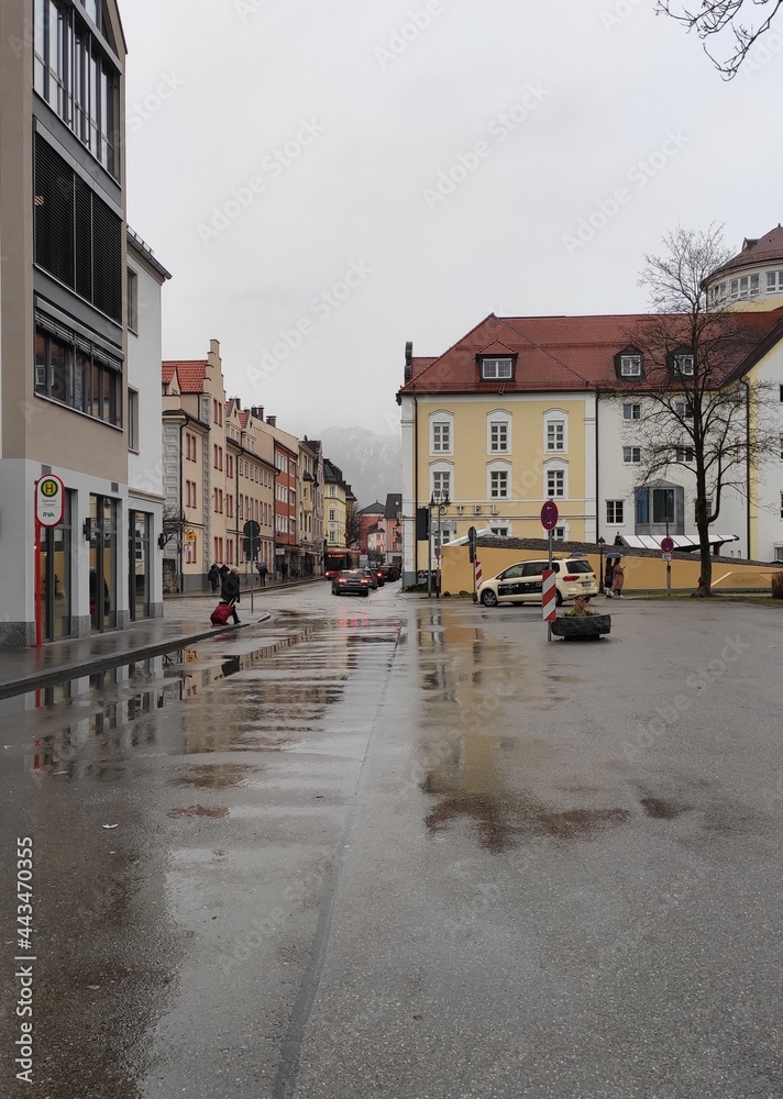 Streets in fussen germany. city ​​center in germany. rainy and cold day in a German town. typical German town. waiting for the bus. town in southern germany