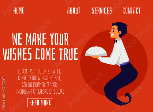 Cartoon helper genie waiter granting wishes a vector flat illustration