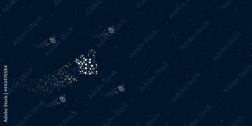A roasted turkey filled with dots flies through the stars leaving a trail behind. Four small symbols around. Empty space for text on the right. Vector illustration on dark blue background with stars
