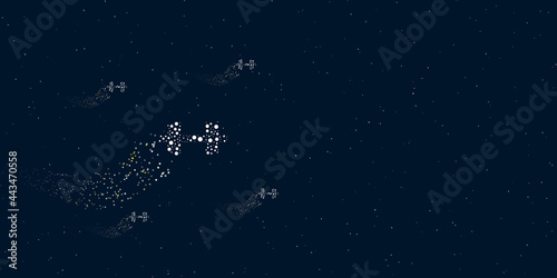 A dumbbell symbol filled with dots flies through the stars leaving a trail behind. Four small symbols around. Empty space for text on the right. Vector illustration on dark blue background with stars