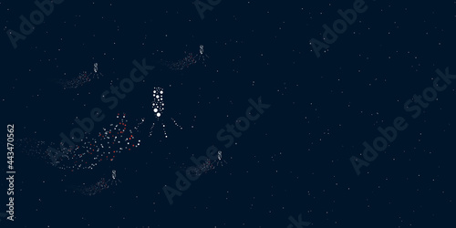 Fototapeta Naklejka Na Ścianę i Meble -  A garland light bulb symbol filled with dots flies through the stars leaving a trail behind. There are four small symbols around. Vector illustration on dark blue background with stars