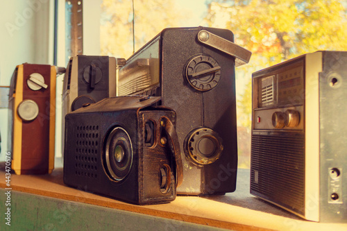 Old wooden wireless . Classic Vintage radio receiver set . Retro of old  receiver. First radio  media. photo