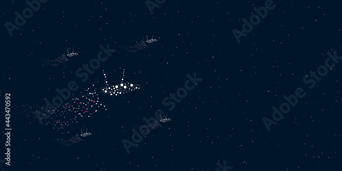 A router symbol filled with dots flies through the stars leaving a trail behind. Four small symbols around. Empty space for text on the right. Vector illustration on dark blue background with stars