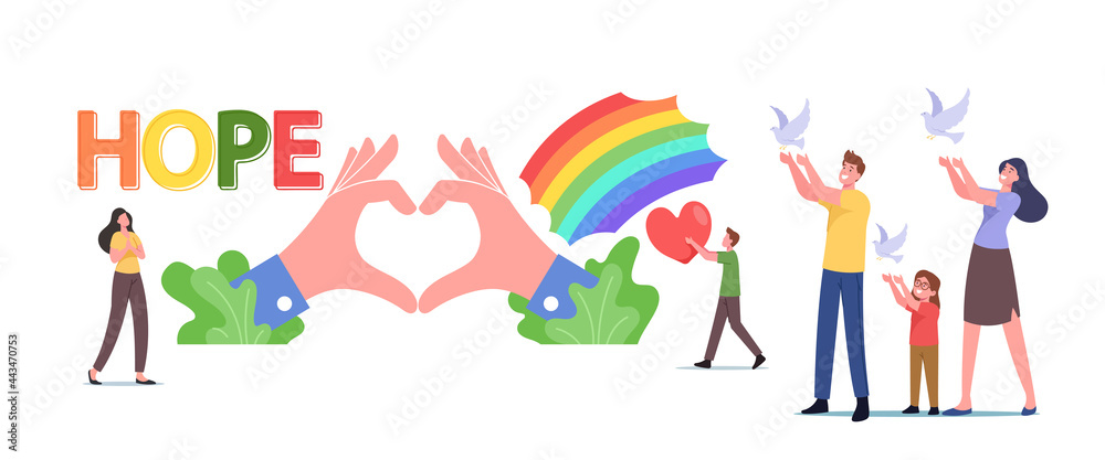 Hope, Love and Peace Concept. Tiny Male and Female Family Characters Let Go White Doves Flying in Air, Rainbow and Heart Hope, Love and Peace Concept. Tiny Male and Female Family Characters Let Go White Doves Flying in Air, Rainbow and Heart