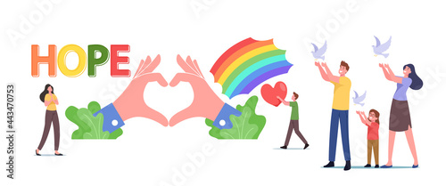 Hope, Love and Peace Concept. Tiny Male and Female Family Characters Let Go White Doves Flying in Air, Rainbow and Heart
