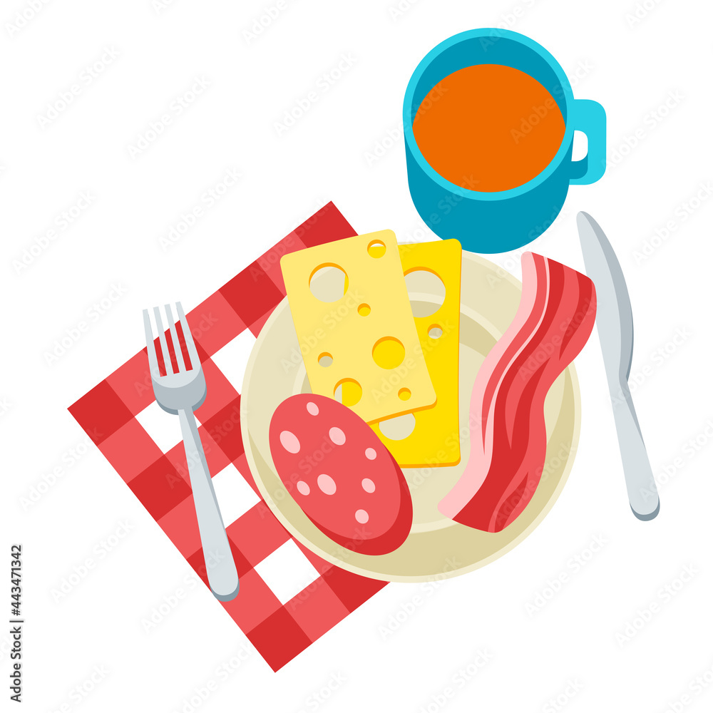 Breakfast illustration. Tasty bacon, sausage and cheese on plate and tea. Concept for cafes, restaurants.