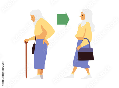Elderly woman hardly and briskly walking, flat vector illustration isolated.