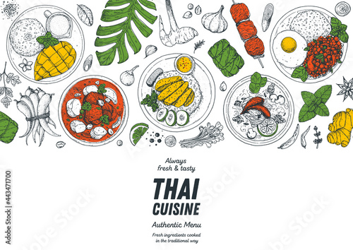 Thai food top view vector illustration. Food menu design template. Hand drawn sketch. Thai food menu. Vintage style. Mango sticky rice, massaman curry, khao man gai, tom kha gai, pad krapow gai