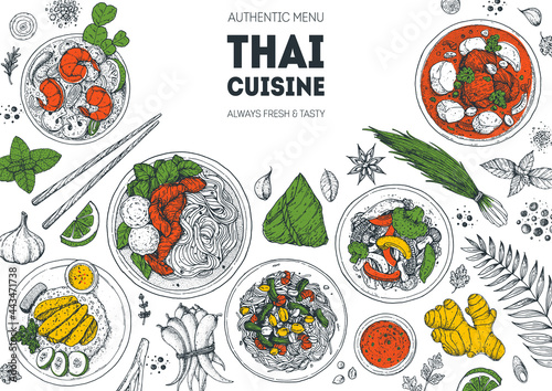 Thai food top view vector illustration. Food menu design template. Hand drawn sketch. Thai food menu. Vintage style. Thai noodle soup, tom yum, som tam, massaman curry, khao man gai, pad pak ruam