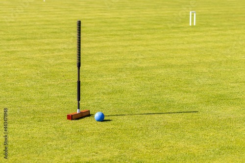 Bild auf Leinwand croquet mallet and ball on a lawn