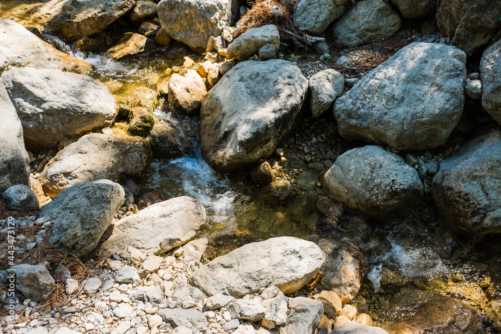 A mountain stream scenery, water flowing over rocks.