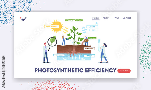 Photosynthesis Efficiency Landing Page Template. Tiny Scientists Characters at Infographics Presenting Changes Sunlight