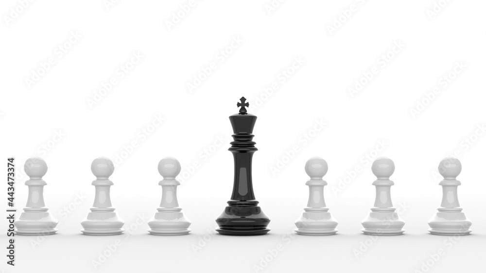 Leadership concept, black king of chess, standing out from the crowd of white pawns, on white background. 3D Rendering Leadership concept, black king of chess, standing out from the crowd of white pawns, on white background. 3D Rendering