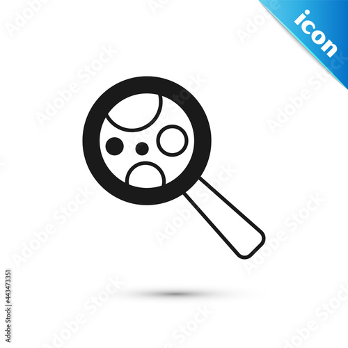 Grey Microorganisms under magnifier icon isolated on white background. Bacteria and germs, cell cancer, microbe, virus, fungi. Vector