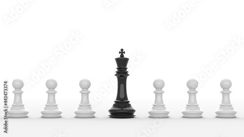 Leadership concept, black king of chess, standing out from the crowd of white pawns, on white background. 3D Rendering