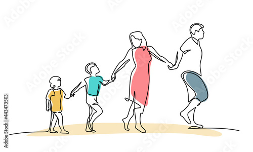 Family walking hand in hand. Dad, mom and two children