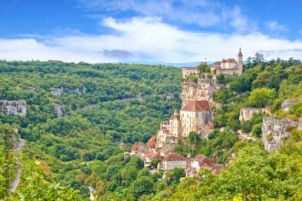 Overlooking the famous religious landmarks of the clifftop village of Rocamadour, France