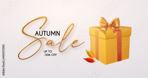 Autump Sale banner with realistic 3D text, gift box and leaves.