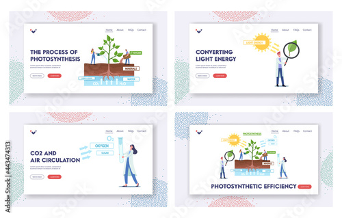 Photosynthesis Process Landing Page Template Set. Tiny Scientist at Infographics Presenting Changes Sunlight Into Energy