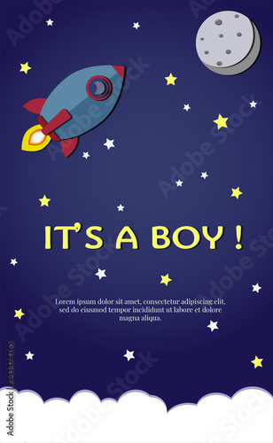 Baby shower invitation with cartoon rocket, moon, clouds and stars.Birthday card. The journey begins. Vertical baby shower. Vector illustration.