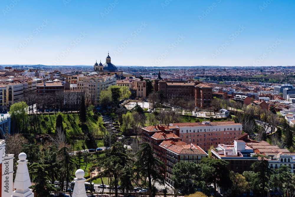 Aerial View of Vistillas Park and Central Madrid from Almudena Cathedral. Cityscape of Madrid, Spain