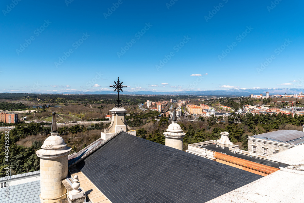 Aerial View of Casa de Campo, Oeste Park and Moncloa District in Madrid from Almudena Cathedral. Cityscape of Madrid, Spain