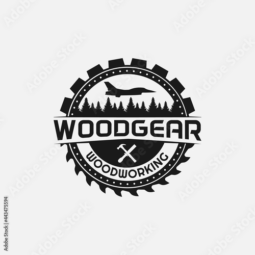 Woodworking Saw Blade and Gear with Forest Tools Plane for Woodworker Carpenter Handicrafter Artisan Craftsman Merchant Business Brand Company in Vintage Retro Hipster Old Style Logo Design Template. photo