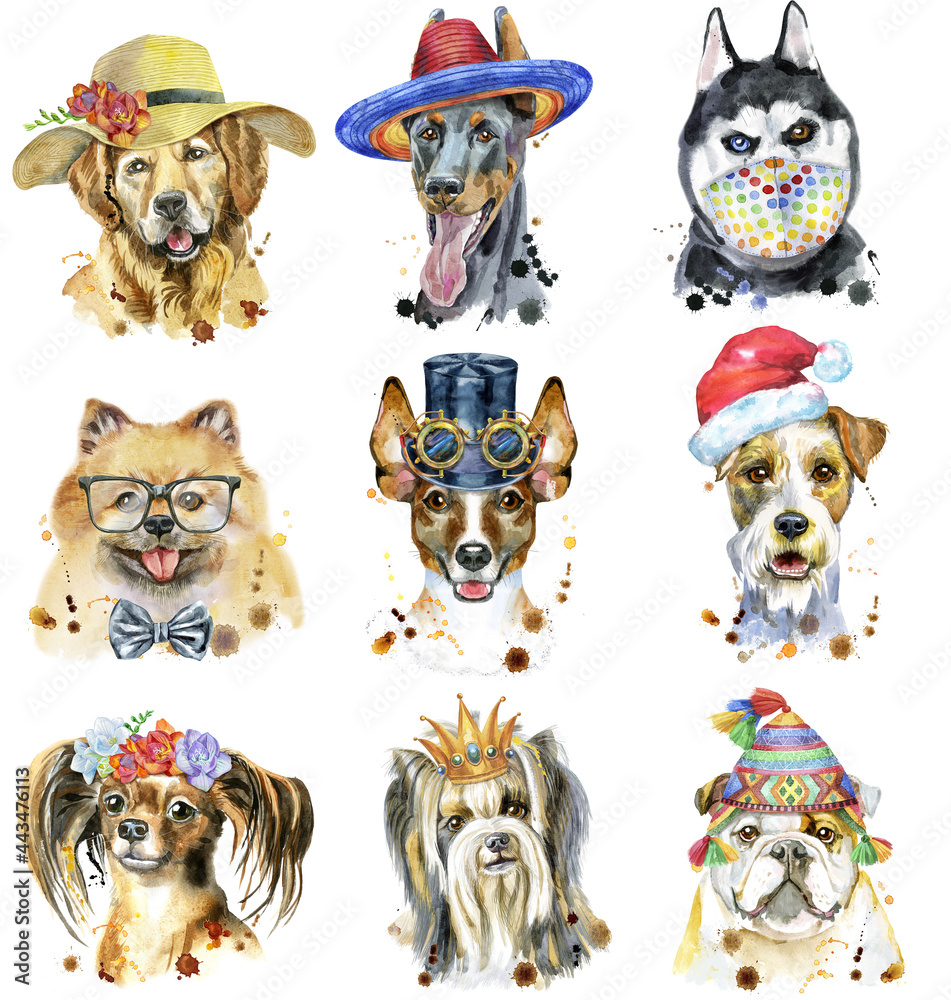 Set of watercolor portraits of dogs for decoration